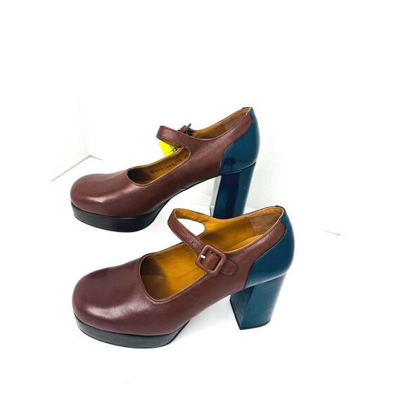 Fly London ERIL Platform Pumps Cognac & Navy Leather Retro 70s Chunky Heel 38 - Picture 3 of 11